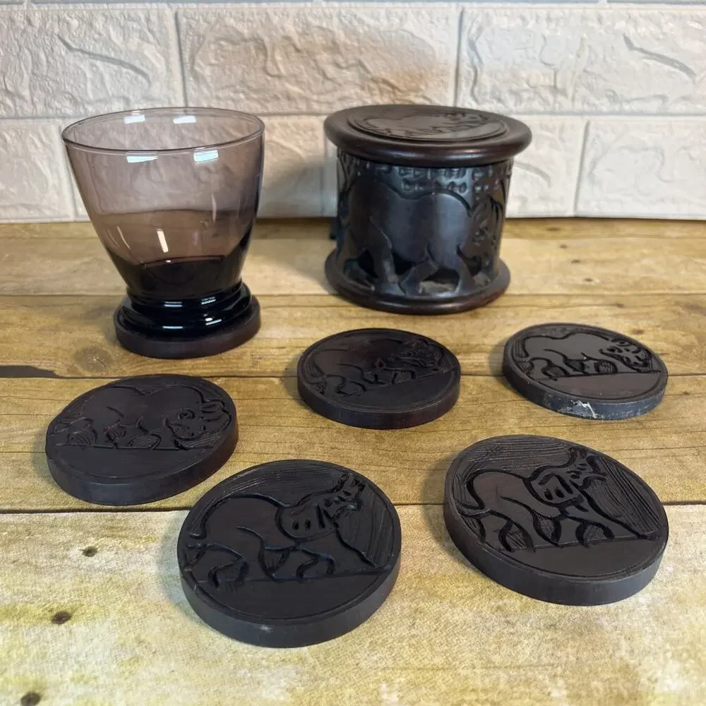 Hand Carved Wooden Africa 6 Coaster Set with Holder & Lid Beautiful Boho 4x5”